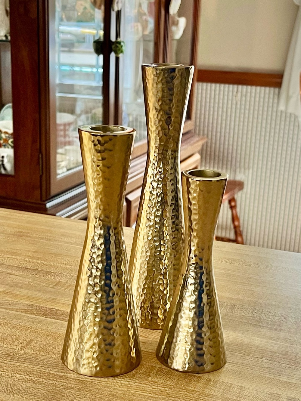 VTG Brass Hammered Metal Candlesticks - Gold (Set of 3)